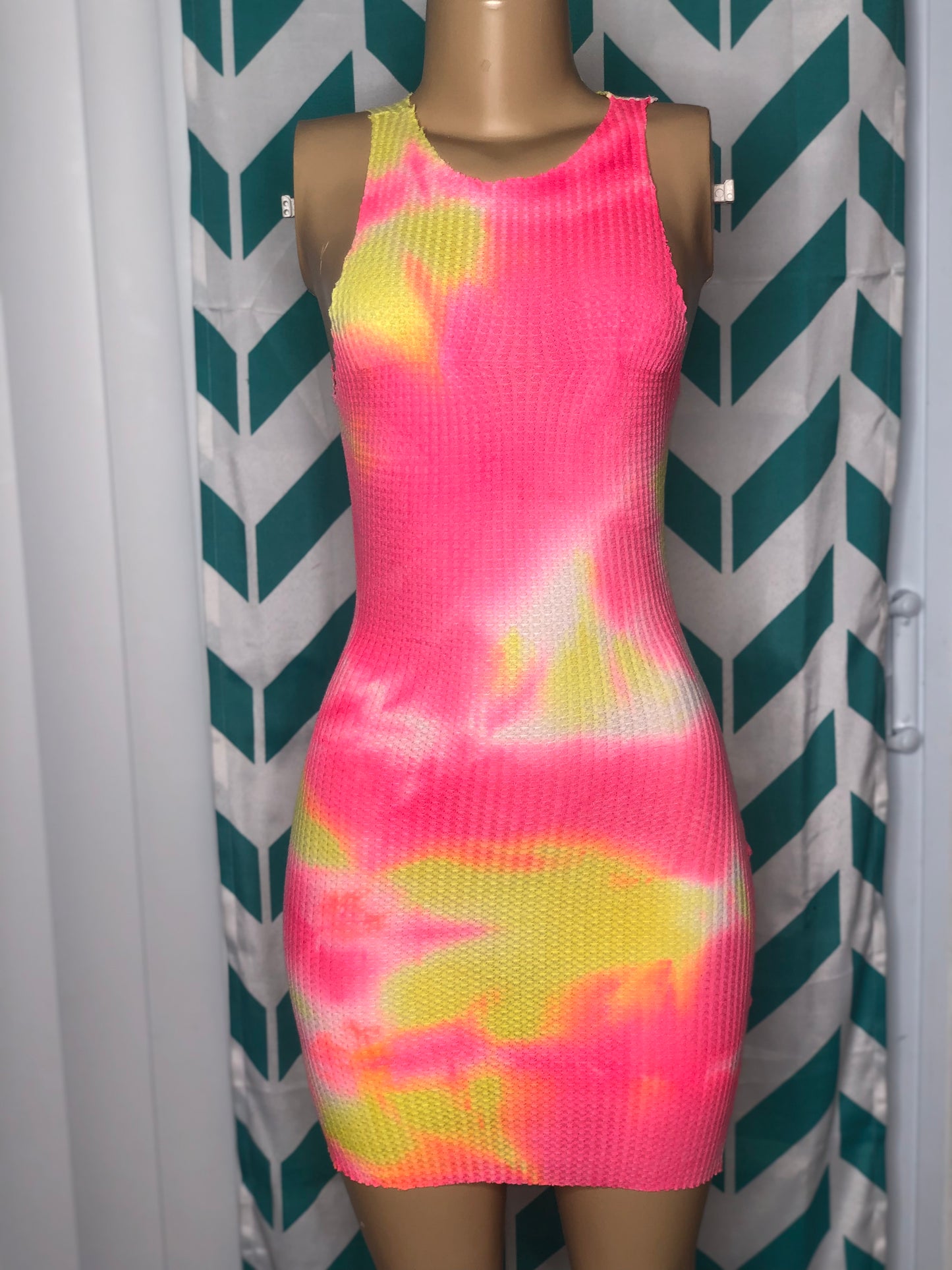 Ribbed pink/yellow mini dress
