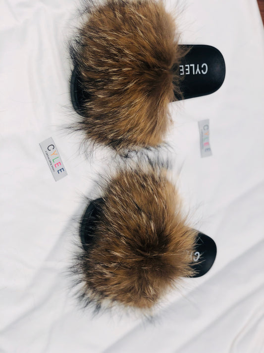 Natural raccoon Fur Slides